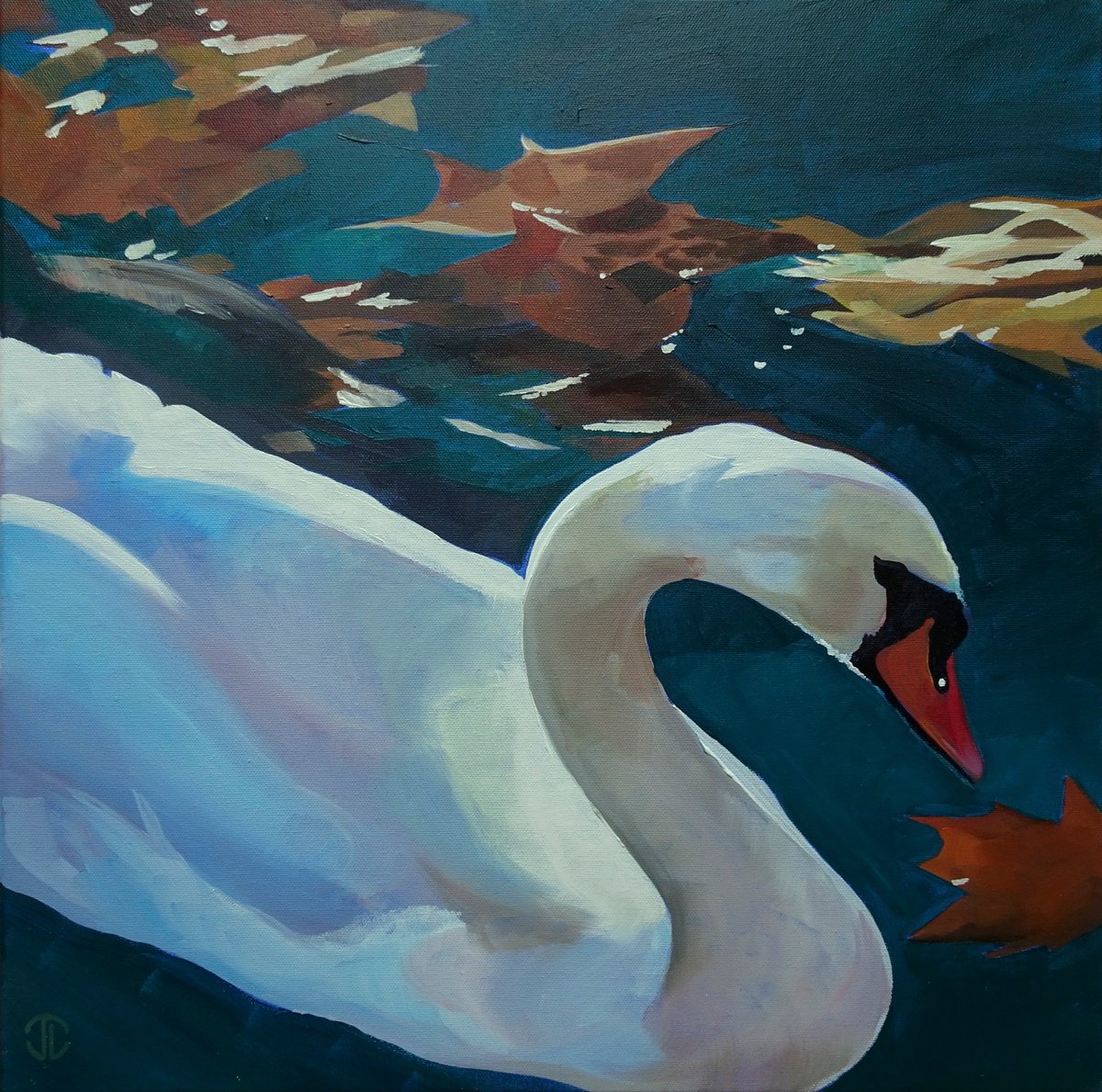 Photorealistic Animal Acrylic Painting By Joseph Lynch, 20 X 20, Autumn Swan, Original Artwork
