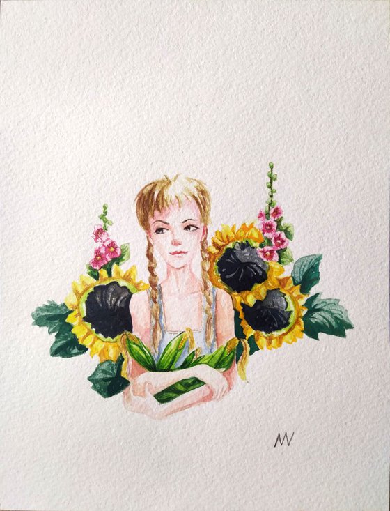 Girl with corn and flowers.