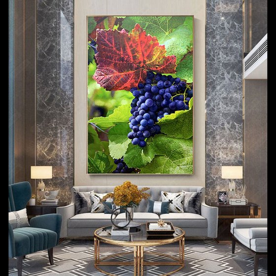 Photorealism oil painting:grape with leaves