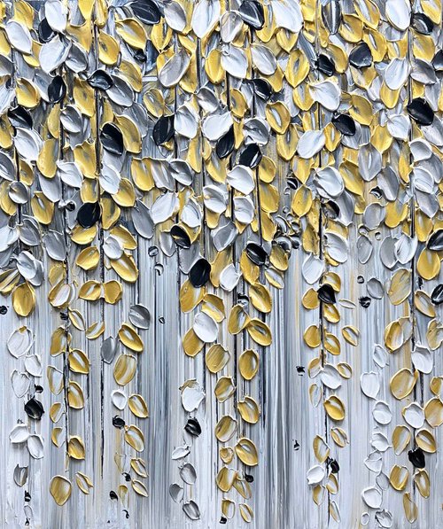 Golden Cascade - Original Abstract Falling Gold Leaves FlowerPainting, White Flower Painting, Size: 48 x 24 inches (120 x 60 cm) by Lana Guise