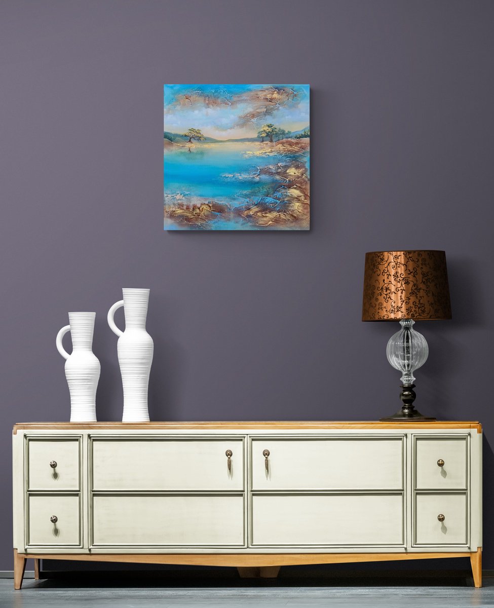 Surrealistic Landscape Painting By Vera Hoi, 16 X 16", "Sun Kiss Ii", Original Artwork