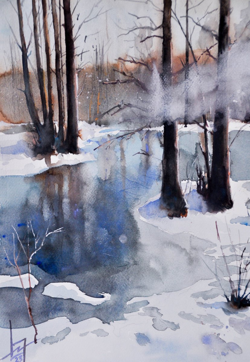 Impressionistic Landscape Watercolour By Flavio Furlan, 14 X 22, Ice Reflection, Original Artwork