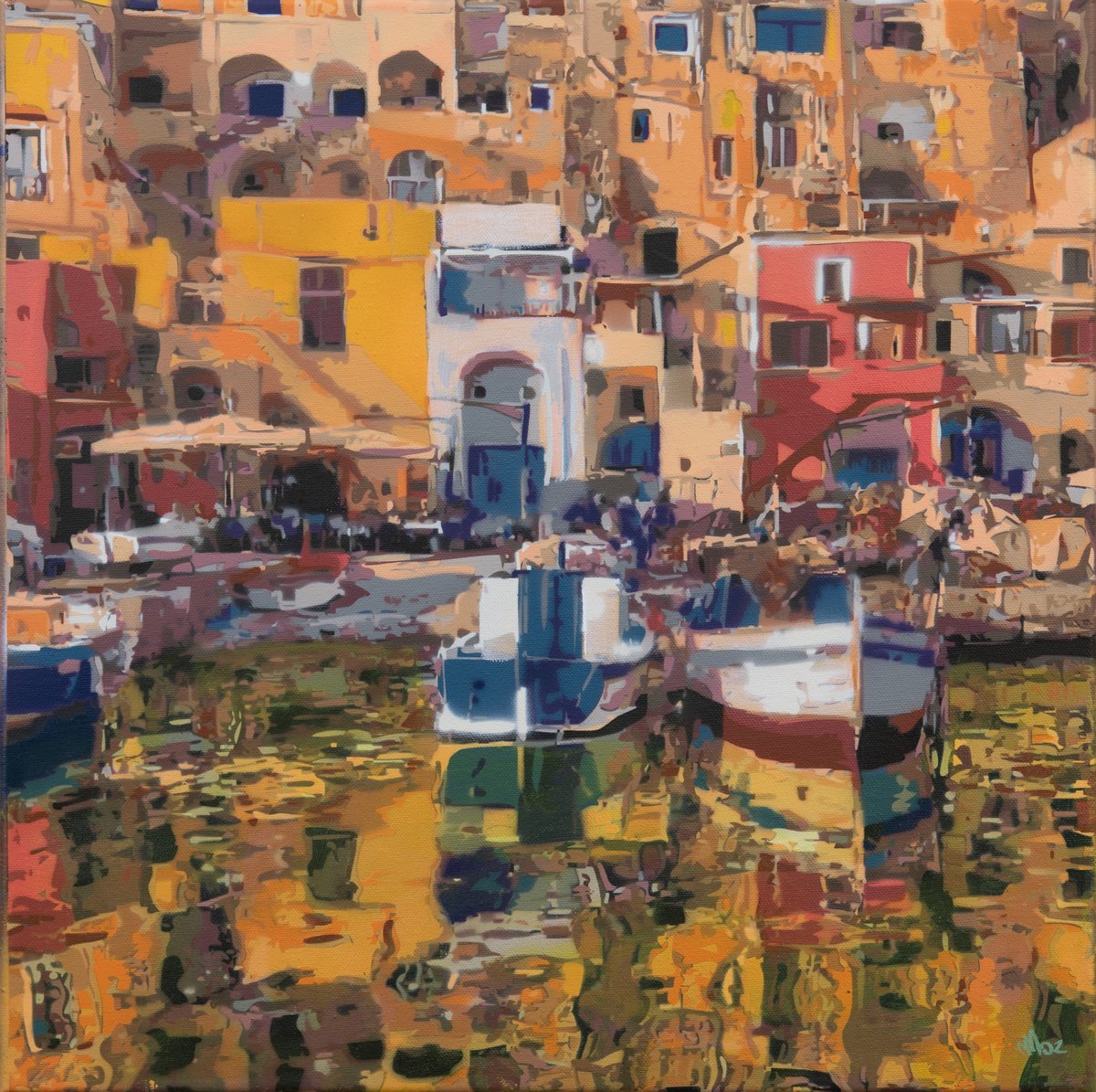 Impressionistic Landscape Painting By Marco Barberio, 20 X 20", Golden Procida, Original Artwork