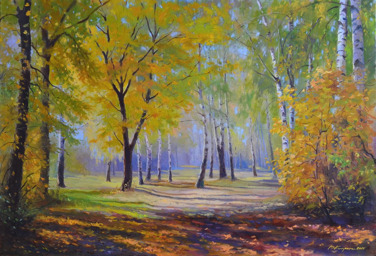 Impressionistic Landscape Oil Painting By Ruslan Kiprych, 31 X 22", Autumn In The Birch Park, Original Artwork
