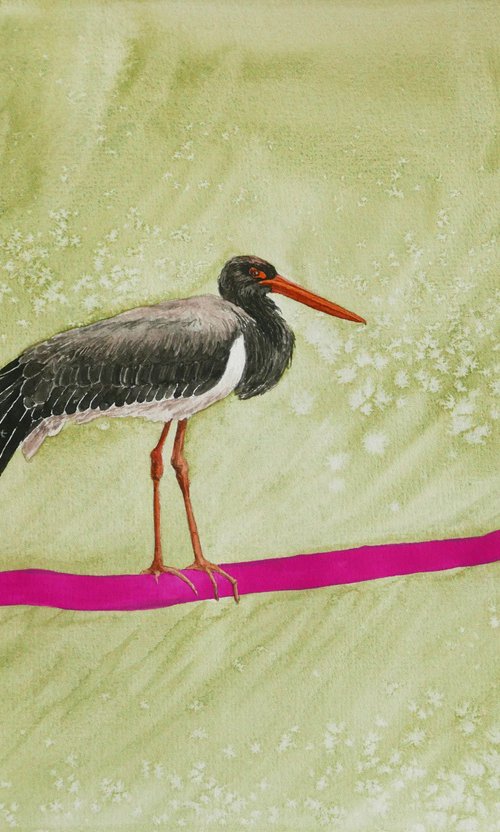 Black stork with pink trees by Karina Danylchuk