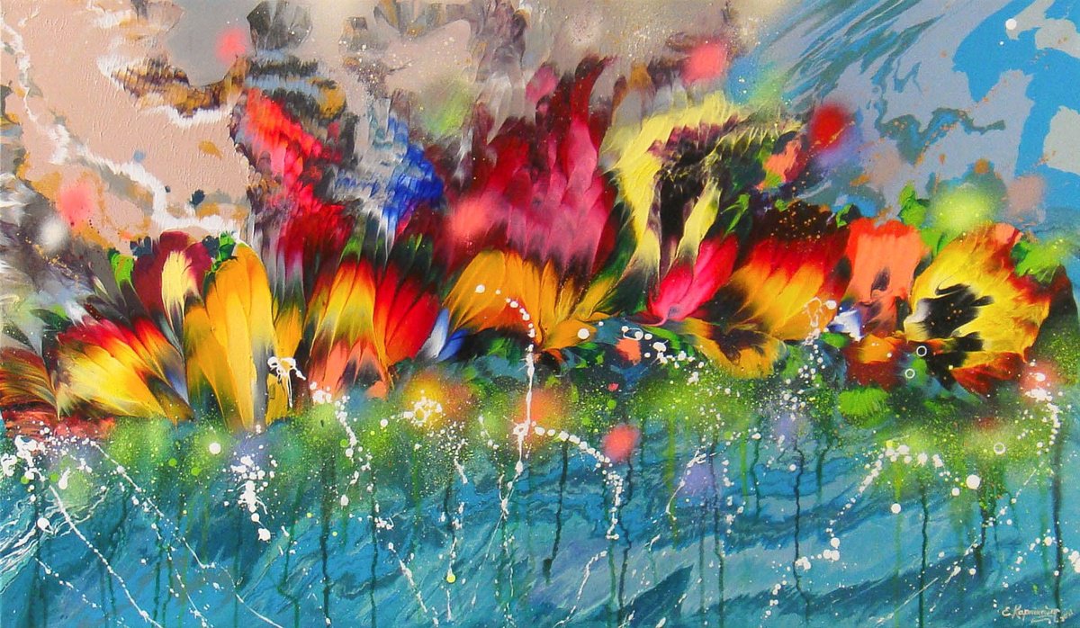 Flowers in Water Floral LARGE Abstract Painting by Irini Karpikioti