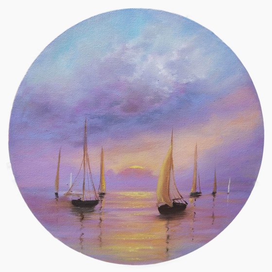 Sunset at Sea Painting - Seascape Original Art Ship Wall Decor Sunset Artwork Round Canvas 12" by 12"