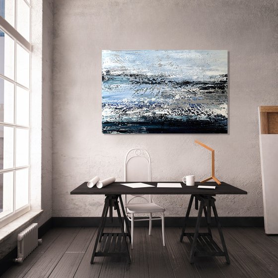 Navy Blue Landscape Gray White Abstract Art.