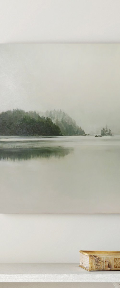 "River Fog 4" River forest oil landscape by Mary Amur