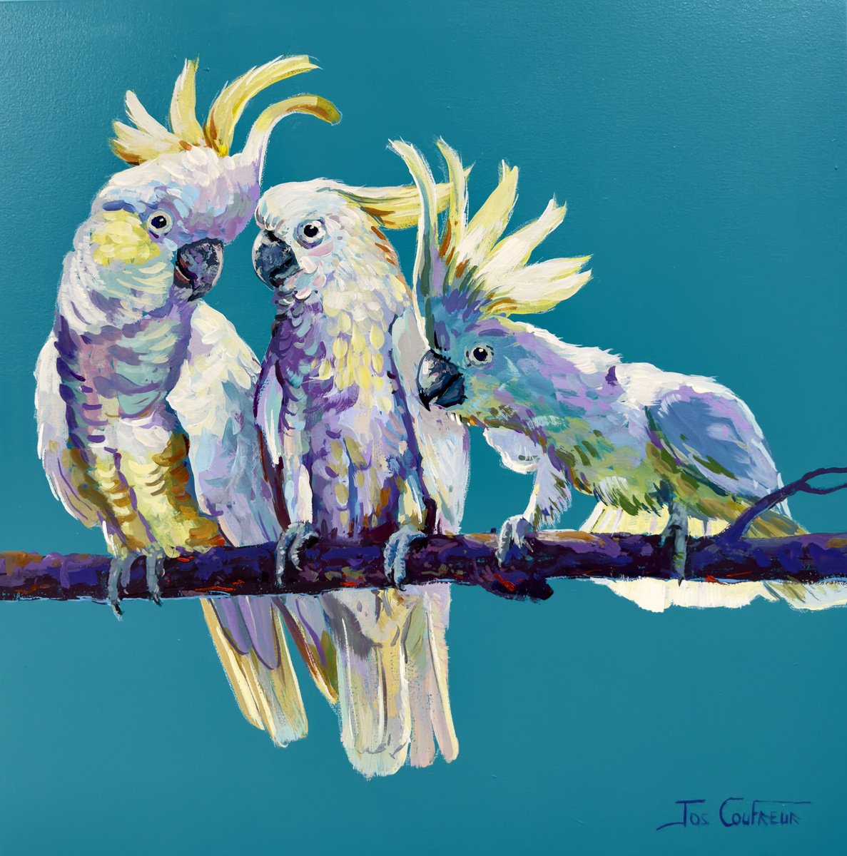 Impressionistic Animal Acrylic Painting By Jos Coufreur, 28 X 28, Yellow Crested Cockatoos, Original Artwork