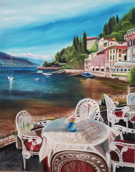 Como Lake, Italy. Summer Day in a Café. Spectacular Oil Painting on Canvas. Gorgeous Italy Landscape. Home Decor.