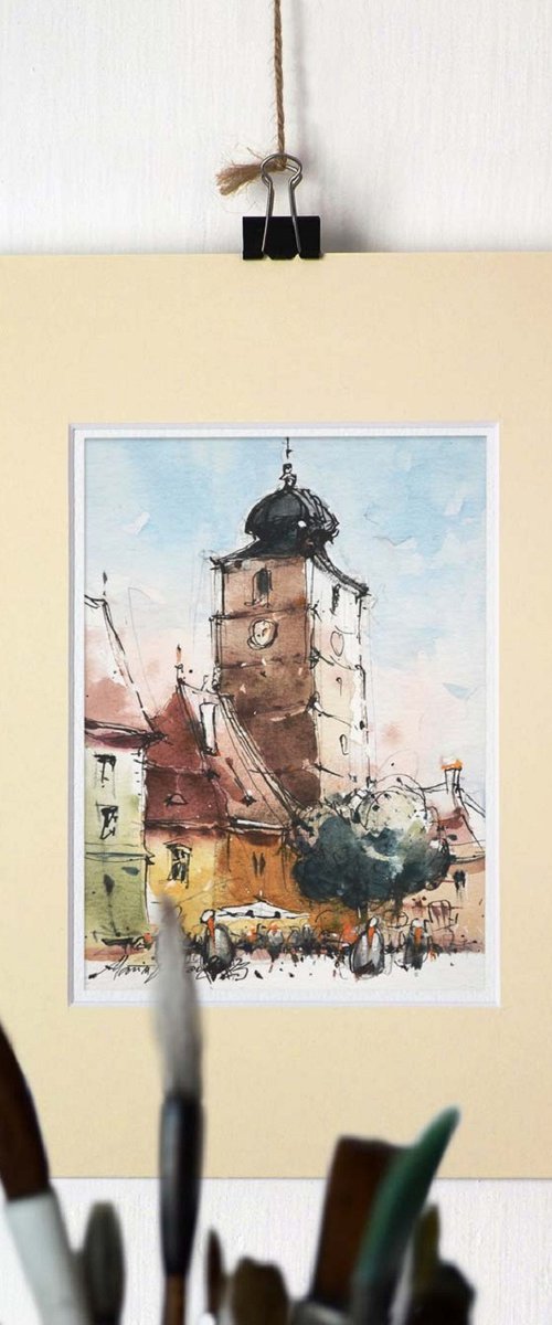 Sibiu, urban watercolor and ink painting. by Marin Victor