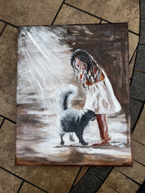 Little girl with a black cat.