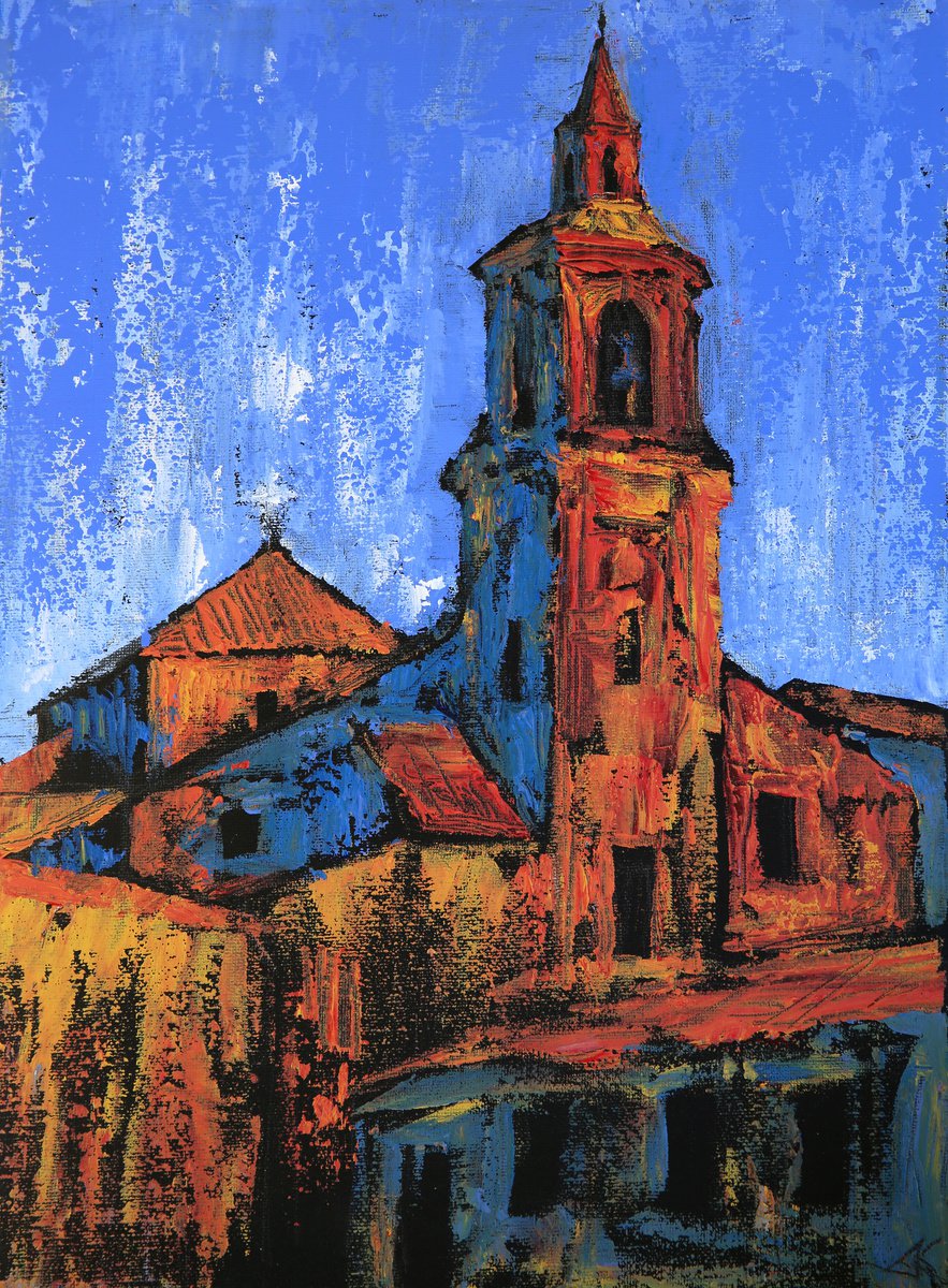 Impressionistic Cityscapes Acrylic Painting By Denys Kuvaiev, 12 X 16, Iglesia De San Pedro Apstolo In Alba De Tormes City, Spain, Artfinder