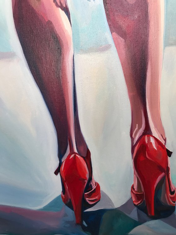 RED HEELS - erotic art original oil painting woman legs underneath red heels pop art office art decor home decor gift idea