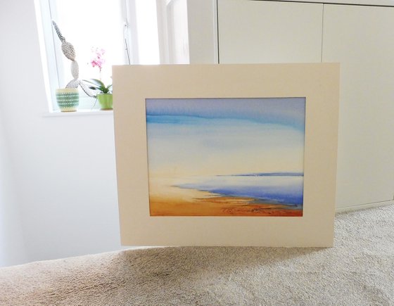 CALM BEACH BLUE SEA SKY. Impressionistic Original Seascape Watercolour Painting.