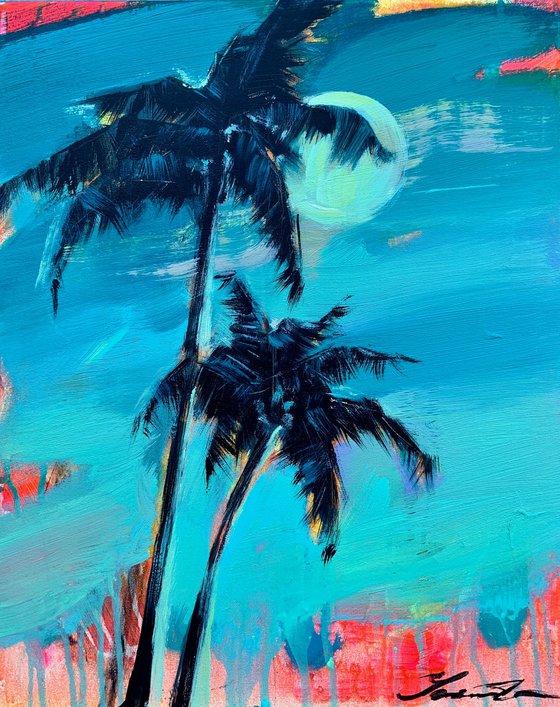 Big XXL painting - "Bright palms" - Pop Art - Palms and Sea - Night Seascape - Huge painting