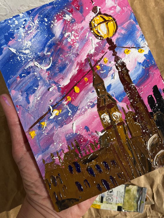 London Painting Cityscape Original Art Street Lights Impasto Oil Big Ben Artwork Small Home Wall Art 6 by 8" by Halyna Kirichenko