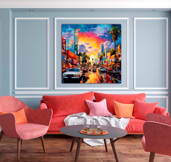 American street at sunset after the rain. Urban cityscene, colorful impressionistic landscape art. Large wall art home decor. Art Gift