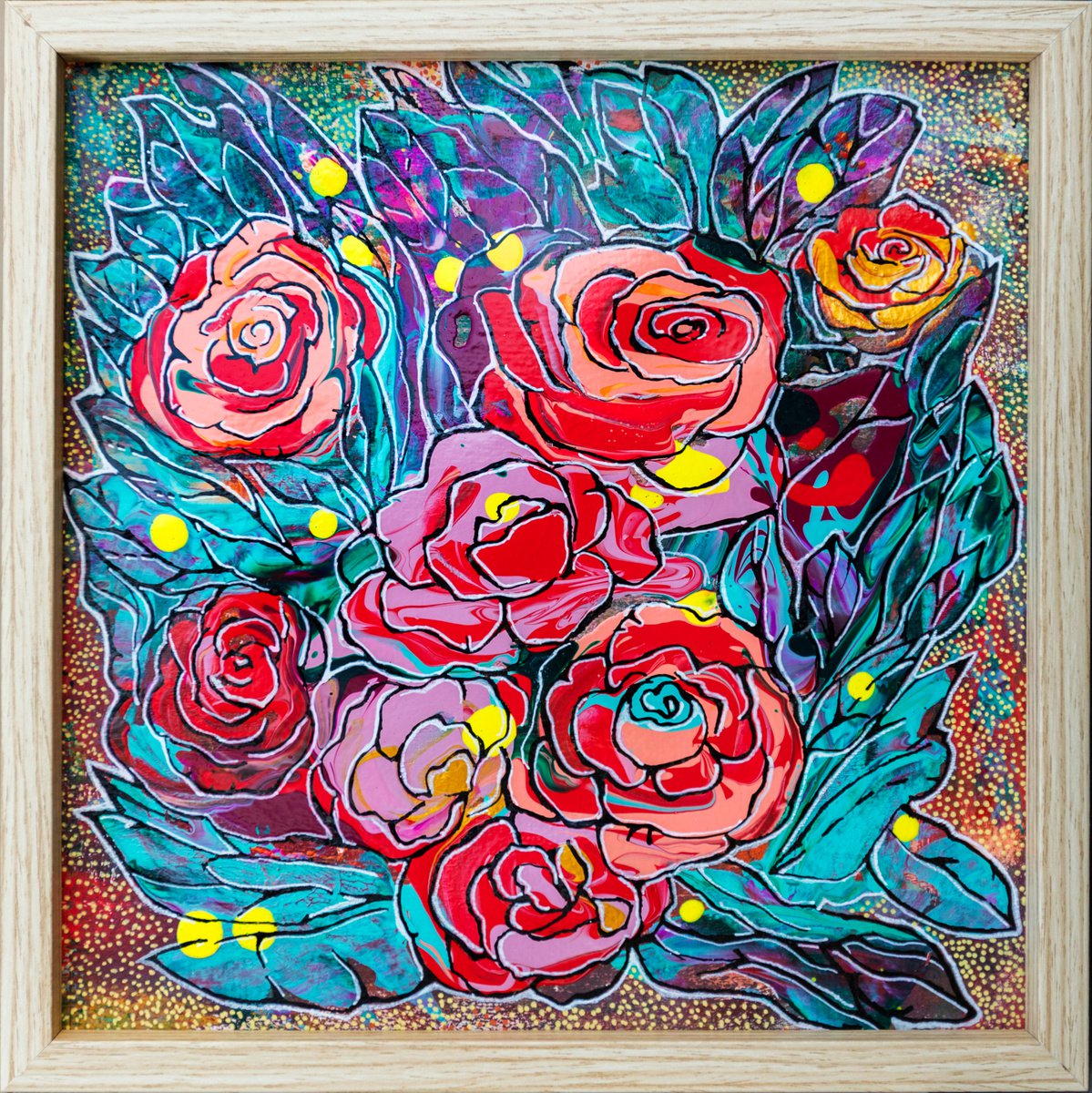 Expressive Botanical Acrylic Painting By Ariadna De Raadt, 13 X 13, Bouquet Of Roses, Original Artwork