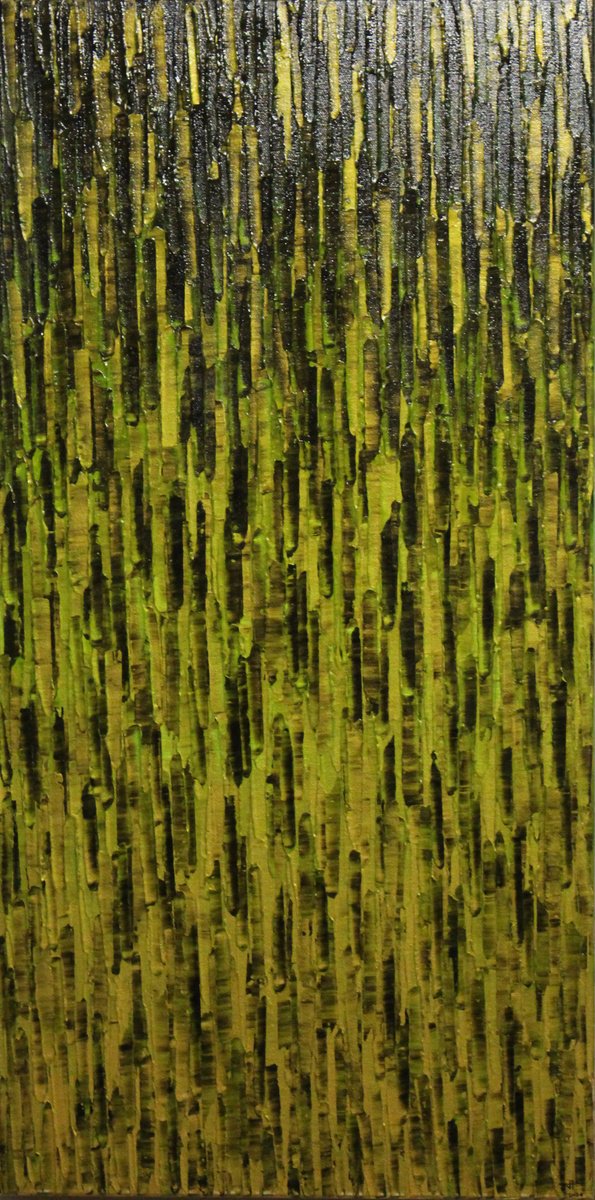 Abstract Acrylic Painting By Jonathan Pradillon, 16 X 31, Green Gold Matrix, Original Artwork