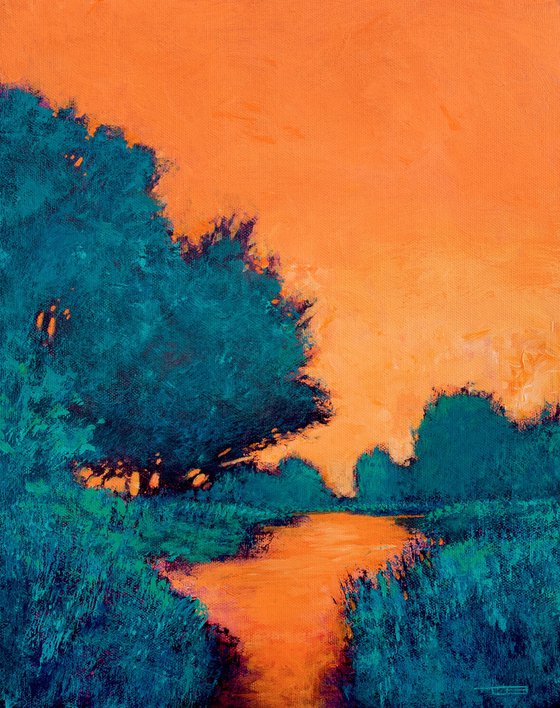 Orange Sunset 230103, colorful sunset landscape with field, water  & trees