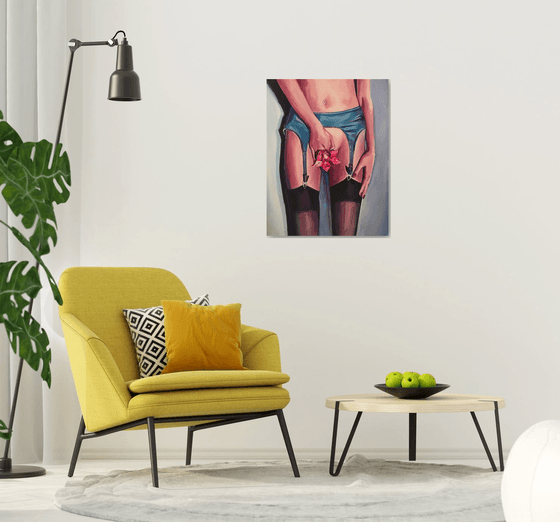 FLOWER - erotic art, original oil painting, naked woman, home decor