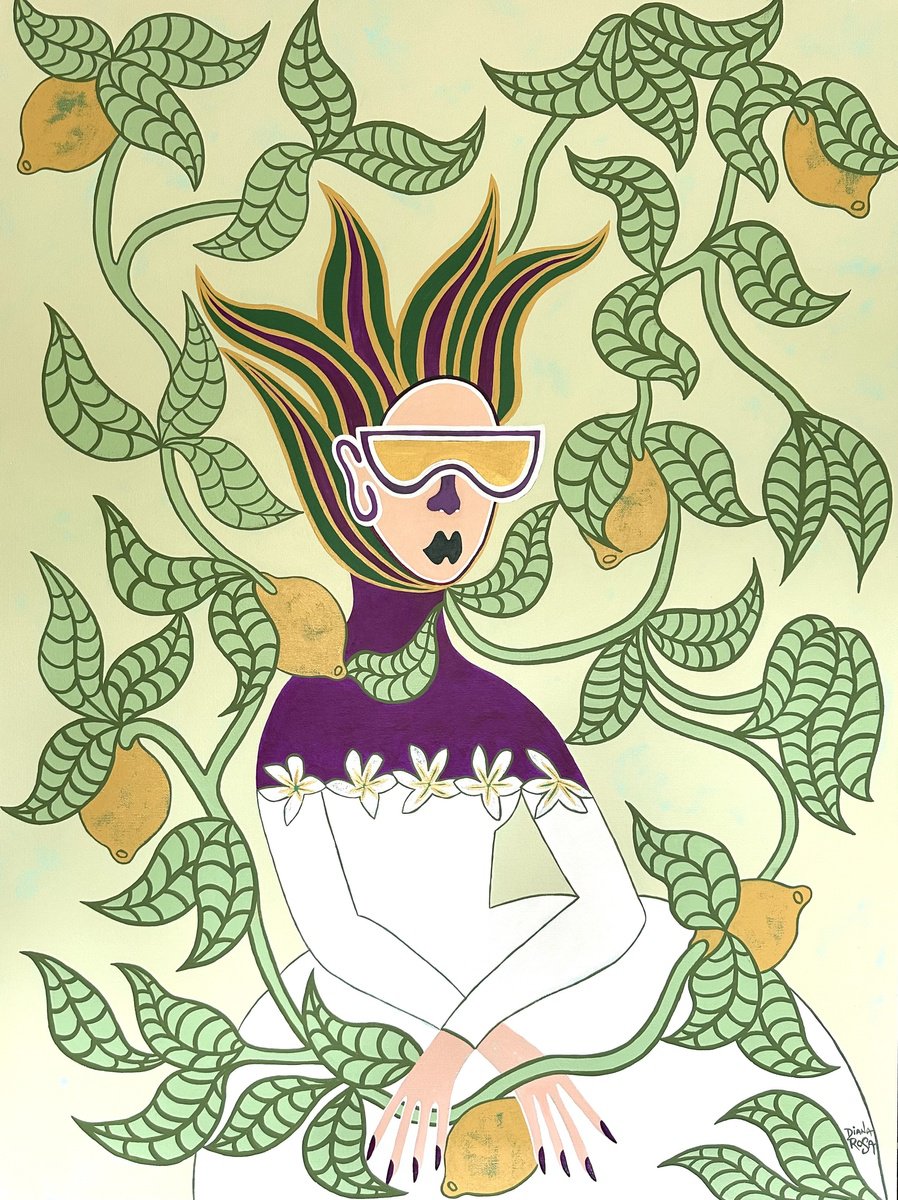Surrealistic Portrait Acrylic Painting By Diana Rosa, 30 X 40, Lemon Garden, Original Artwork