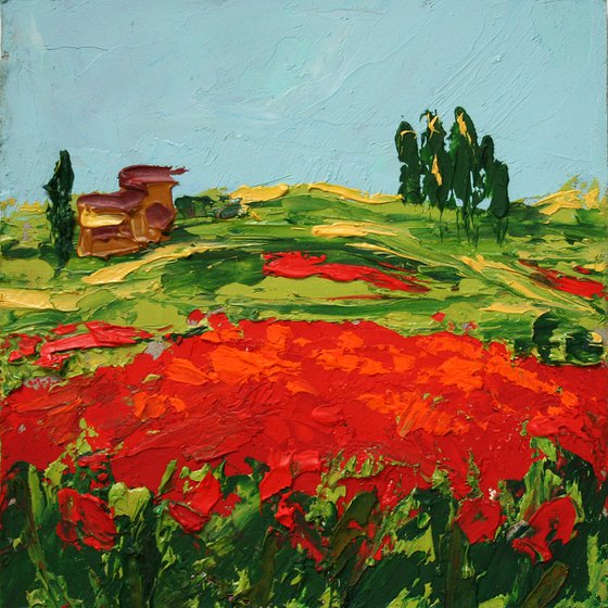 Poppy fields... 3,5x3,5" / FROM MY A SERIES OF MINI WORKS LANDSCAPE / ORIGINAL OIL PAINTING