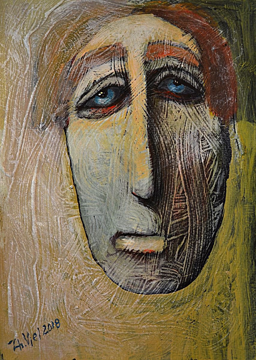 Surrealistic Portrait Acrylic Painting By Zhana Viel, 6 X 8", Daarna, Original Artwork