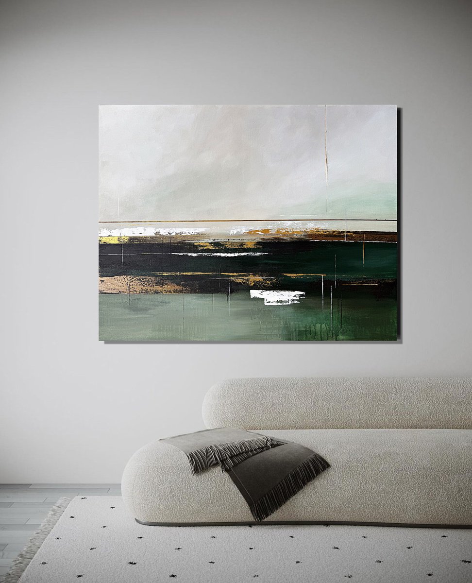 Organic Landscape Acrylic Painting By Tatiana Malinovscaia, 39 X 31", Emerald Horizons, Original Artwork