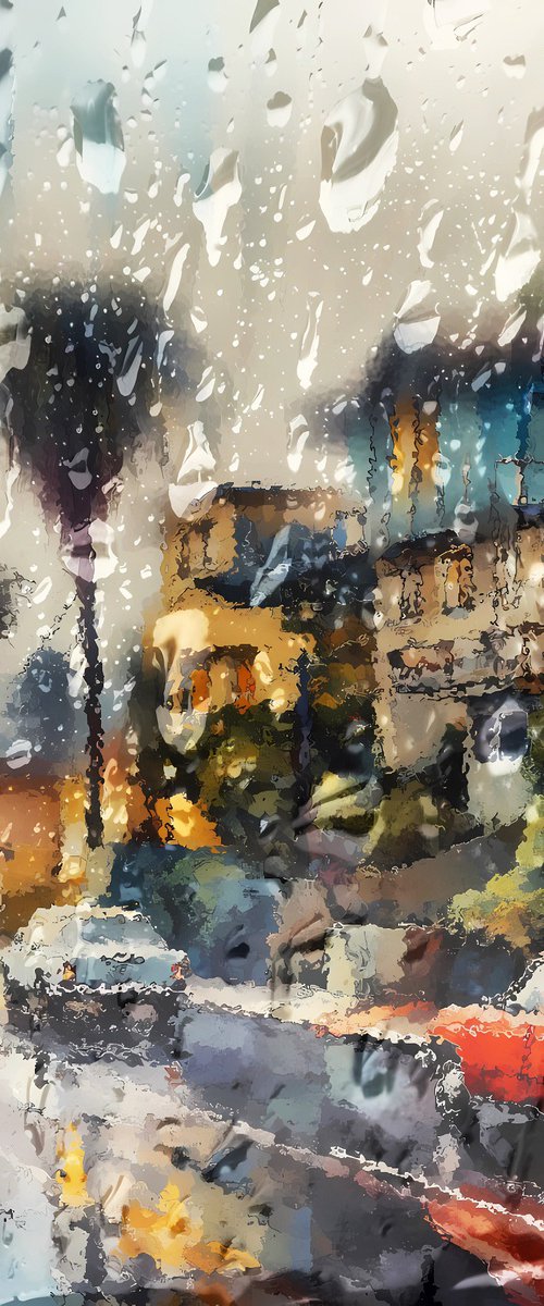 Rainy day in south city. Urban cityscene, retro mid century retro impressionistic landscape art. Large wall home decor. Art Gift by BAST