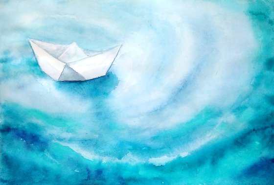 Origami boat watercolor