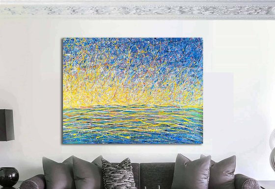 Soft colors Gentle sunrise Light yellow and blue Abstract painting in Pollock style