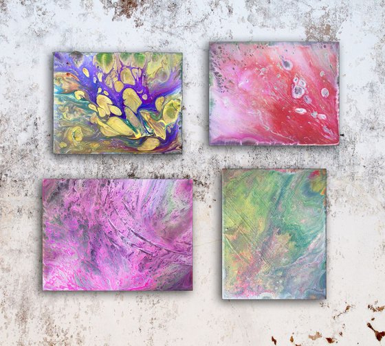 "Revelations" - FREE WORLDWIDE SHIPPING - Original Quadriptych, Abstract PMS Fluid Acrylic Paintings Series - 20" x 18"