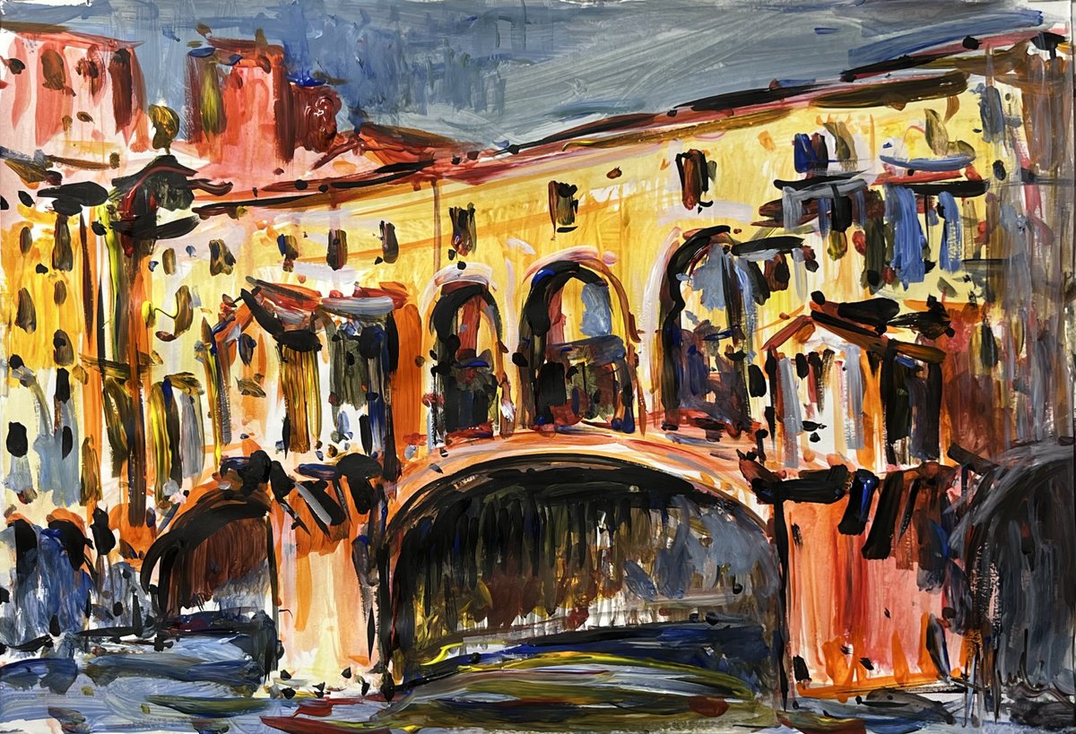 Abstract Landscape Acrylic Painting By Altin Furxhi, 19 X 13, Ponte Vecchio Florence, Original Artwork