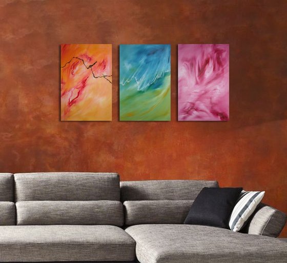 Dolce onda di fuoco, Triptych n° 3 Paintings, Original abstract, oil on canvas