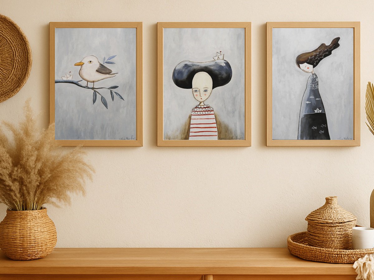 Illustrative Portrait Oil Painting By Silvia Beneforti, 8 X 12", About The Sea, Set Of 3, Original Artwork