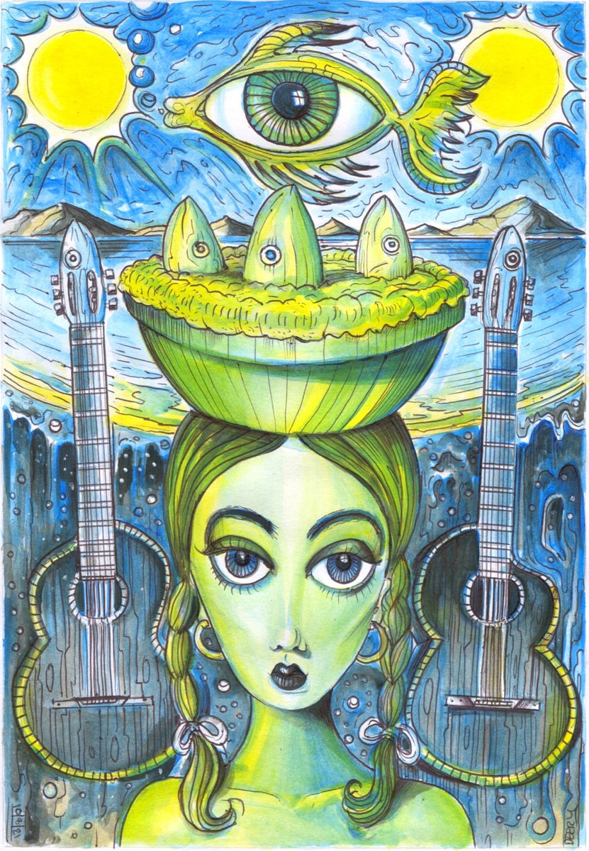 Surrealistic Landscape Drawing By Spencer John Derry, 8 X 12", Fishpieeyegirl, Original Artwork