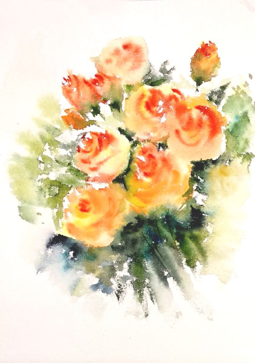 Impressionistic Watercolour , Orange Spring Queen Roses By Asha Shenoy, 10 X 14, Artwork For Sale On Artfinder
