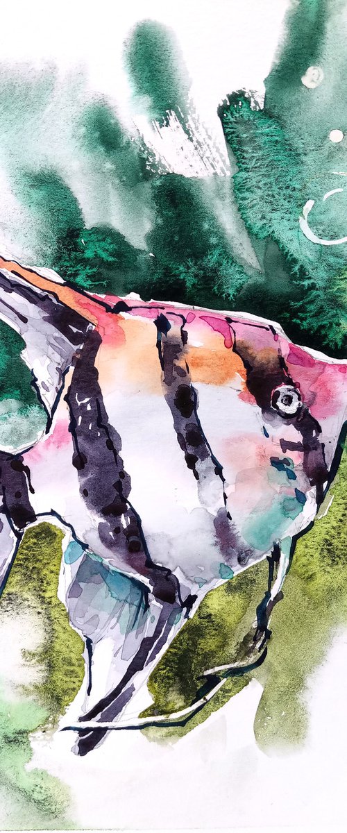 "Striped scalar fish in water" fantasy original watercolor artwork by Ksenia Selianko