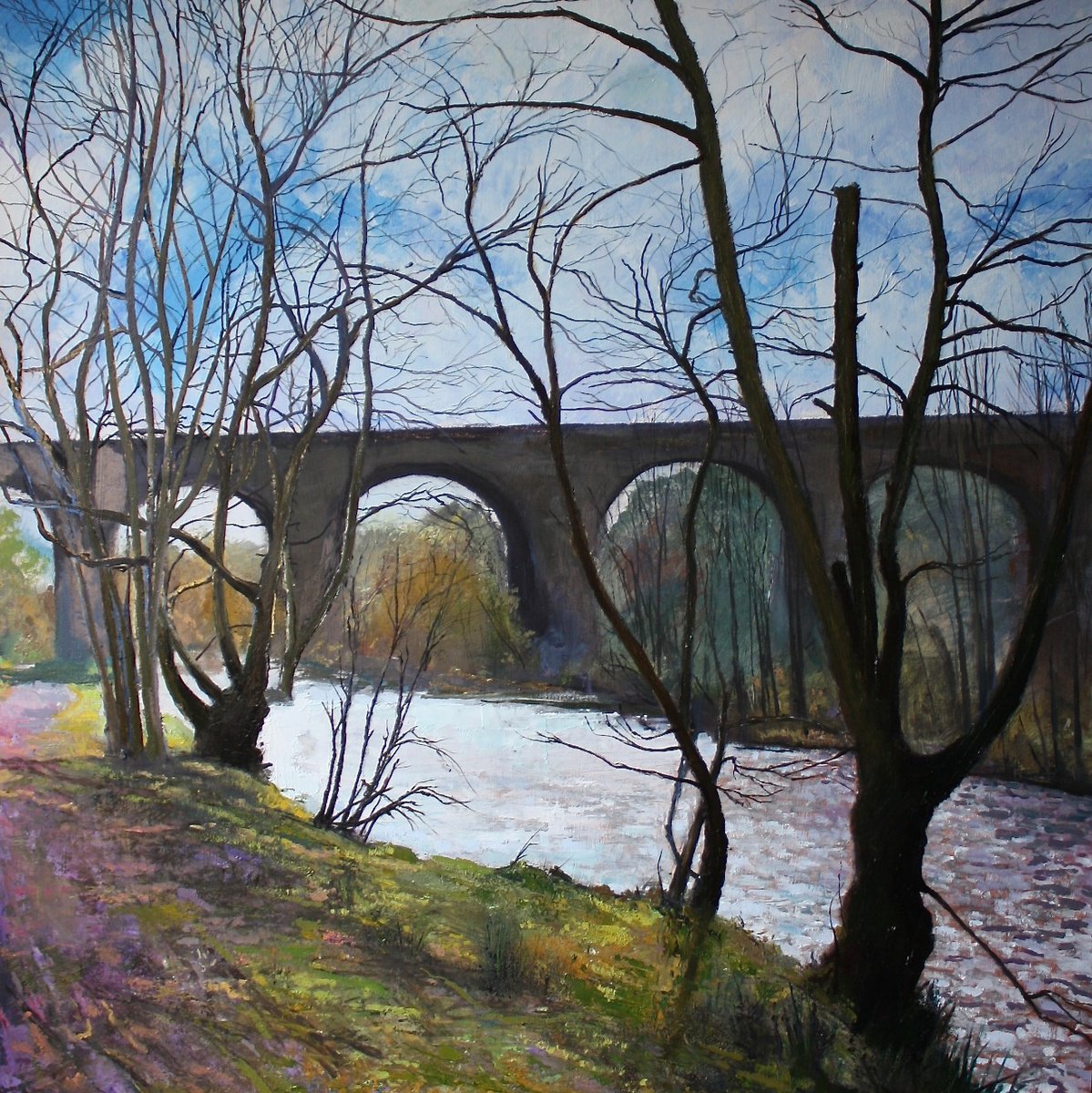 Impressionistic Landscape Oil Painting By Simon Jones, 30 X 30", River Goyt At New Mills, Original Artwork