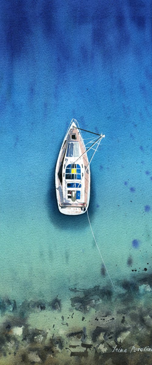 Sailing boat near the coast blue sea original watercolor painting medium size photorealistic stile gift idea by Irina Povaliaeva