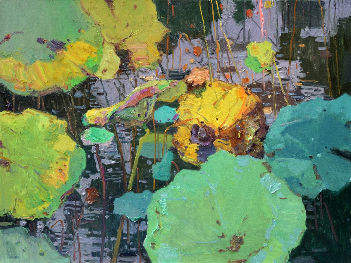 Impressionistic Landscape Oil Painting By Jianzhe Chon, 31 X 24, Waterlilies In Pond 195, Original Artwork