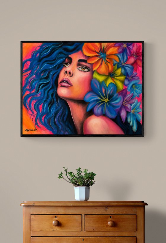 Surreal Floral Goddess - Oil Pastel Portrait