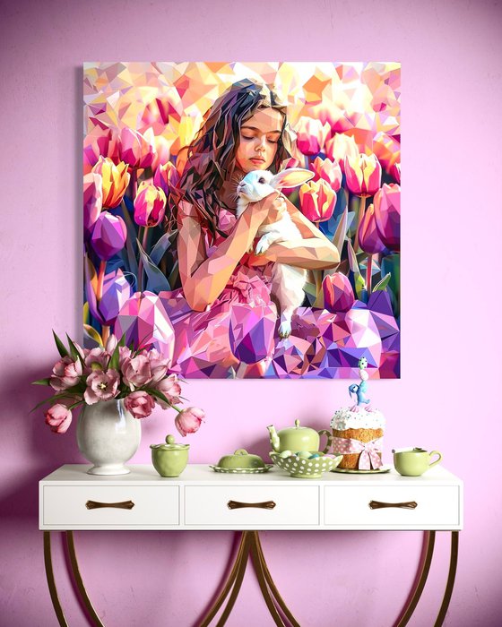 GIRL WITH RABBIT AND TULIPS