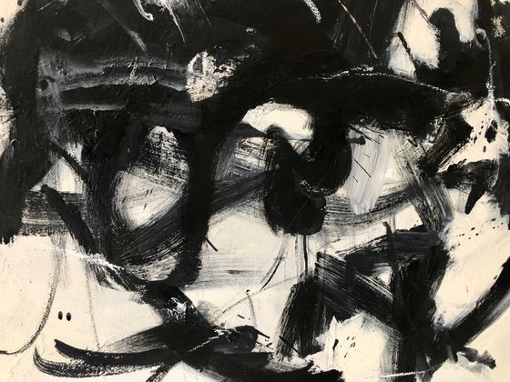 Woman flying with a black bird.Black and white abstract painting.