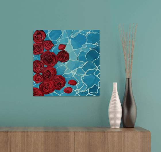 Crimson petals.Blue silence