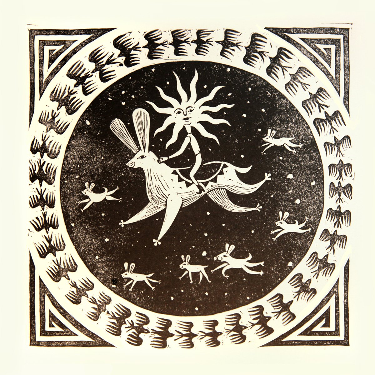 Hare and Sun, Celestial Linocut block Art Print by Anna Grincuka