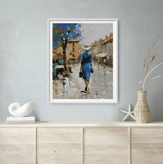 Woman in Blue, Street Scene.
